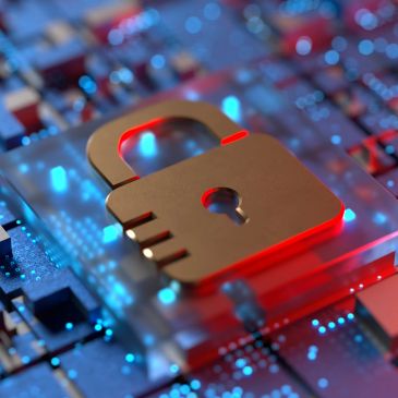 Glowing lock symbol on electronic circuit board representing cybersecurity.