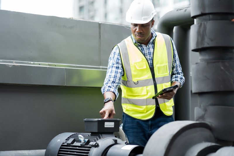 Male plumber engineer checking sewer pipes area at construction site. African American male plumber worker maintenance sewer pipes network system at construction site