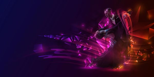 A couple dances passionately with vibrant neon light effects around them.