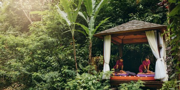 Two people receiving massages in an outdoor gazebo surrounded by lush greenery.
