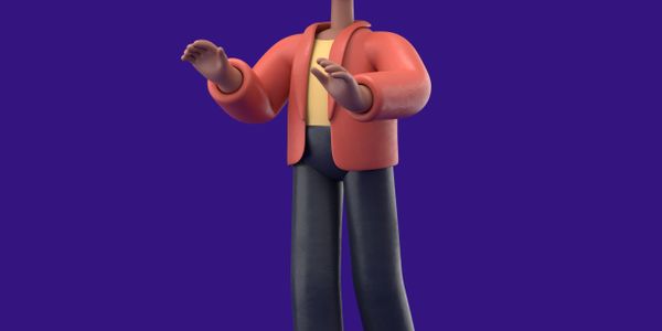 3D cartoon figure in orange jacket and black pants against purple background.