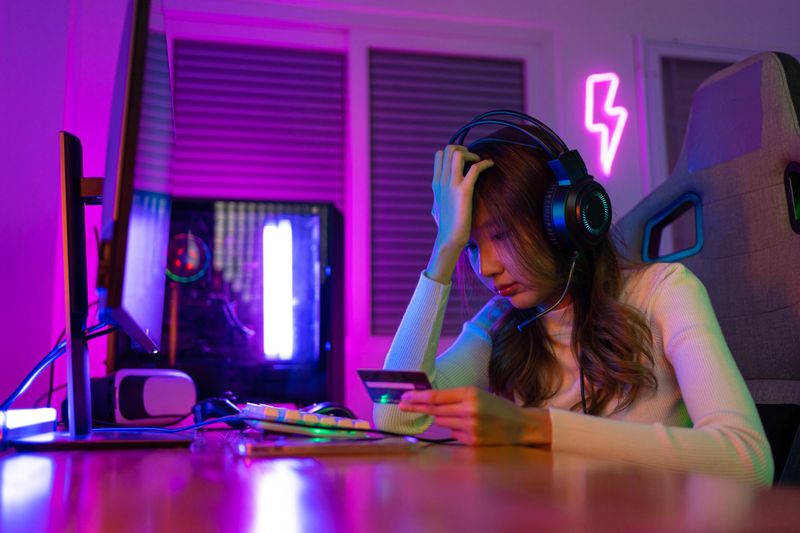 Top up online game with credit card concept. Gamer and E-Sport online of Asian woman playing online computer video game with lighting effect, broadcast streaming live at home. Gamer and E-Sport gaming