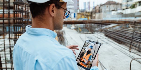 Engineer video calls colleague at construction site.
