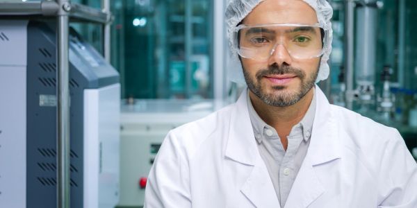 Scientifique en blouse blanche avec lunettes de protection en laboratoire.