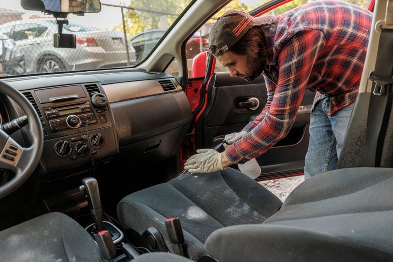 Professional cleaner is preparing seats for deep washing.