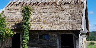 Old wooden house with a thatched roof.
