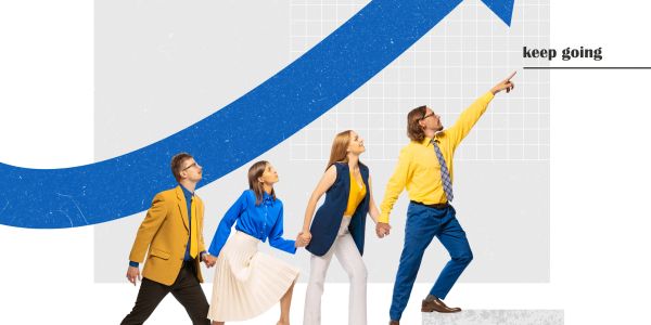 Four professionals following a leader pointing upwards with a growth arrow and 'keep going' text.