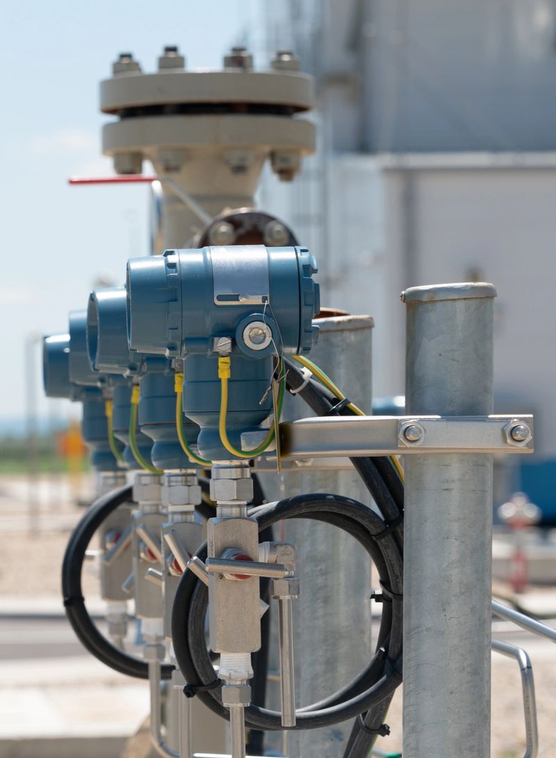 Row of sensors of electronic pressure sensors on gas pipeline equipment.
