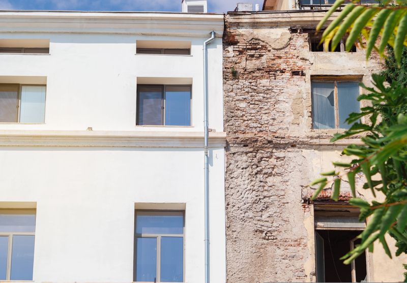 Facades before and after renovation. Comparison of old and new facade of old building. Services for the repair of the facade of multi-storey buildings.