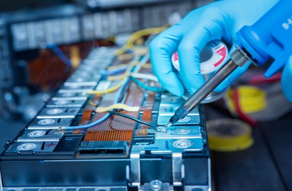 Gloved hands soldering connections on a battery pack circuit board.