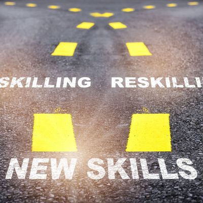Road with directions labeled skilling, reskilling, and new skills.