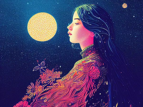 Shows a woman in the backdrop of a full moon, signifying inner guidance & Intuition