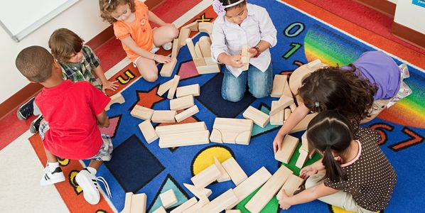 Vibrant classroom filled with playful learning elements.