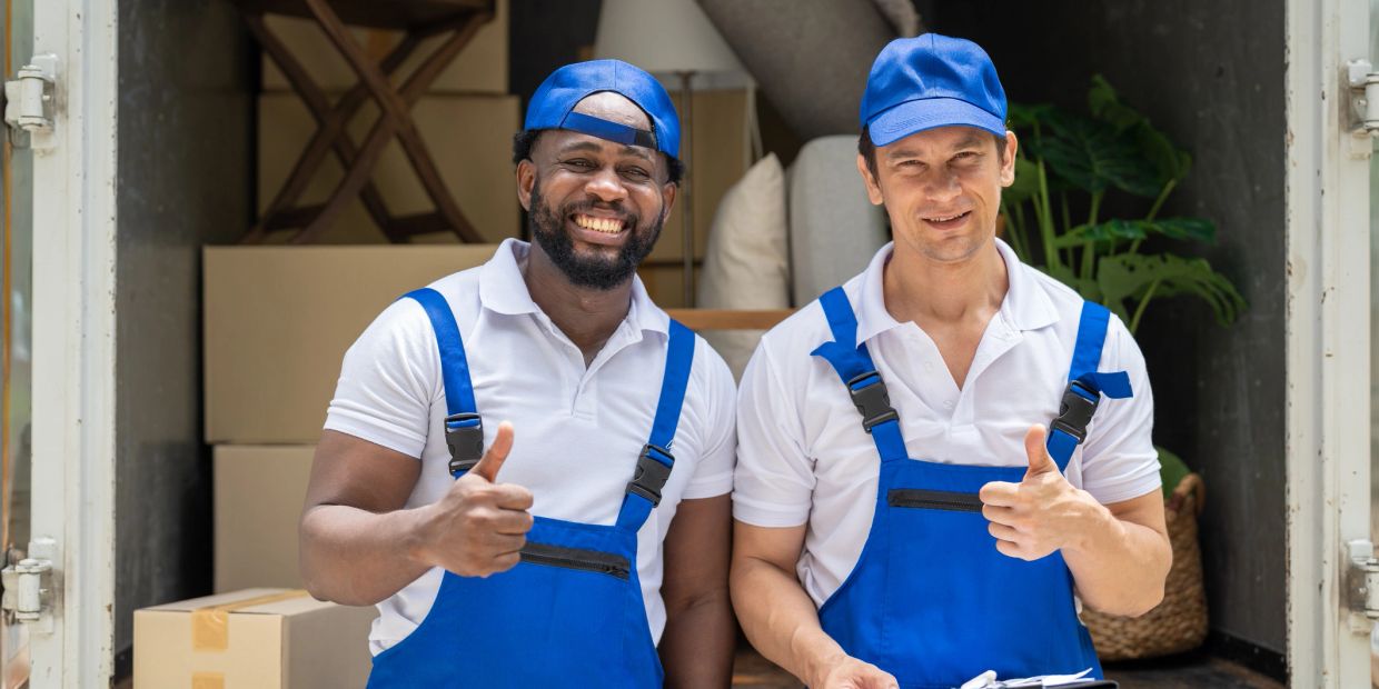Two movers in blue uniforms giving thumbs up.