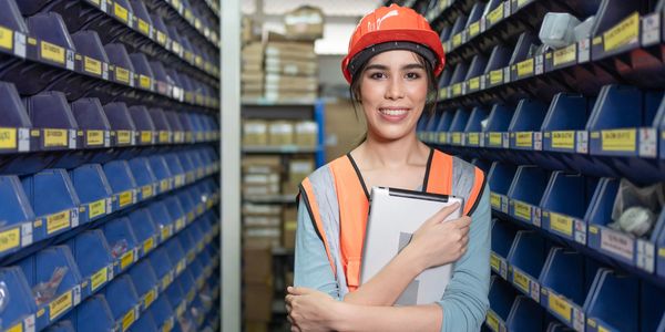 Smiling woman in safety gear holding a tablet in a warehouse aisle.