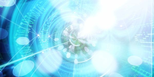 Abstract digital tunnel with glowing blue and white lights.