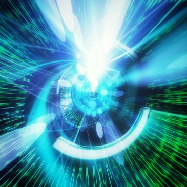 Abstract digital tunnel with blue and green light streaks creating a futuristic effect.