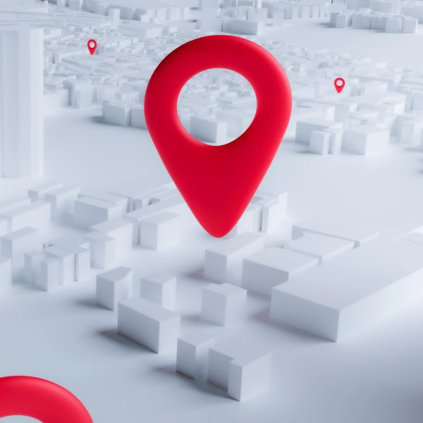 3D city map with red location markers.