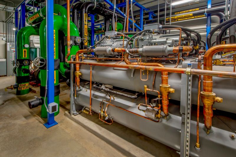 Room full of refrigeration compressors and associated controls for ice production.