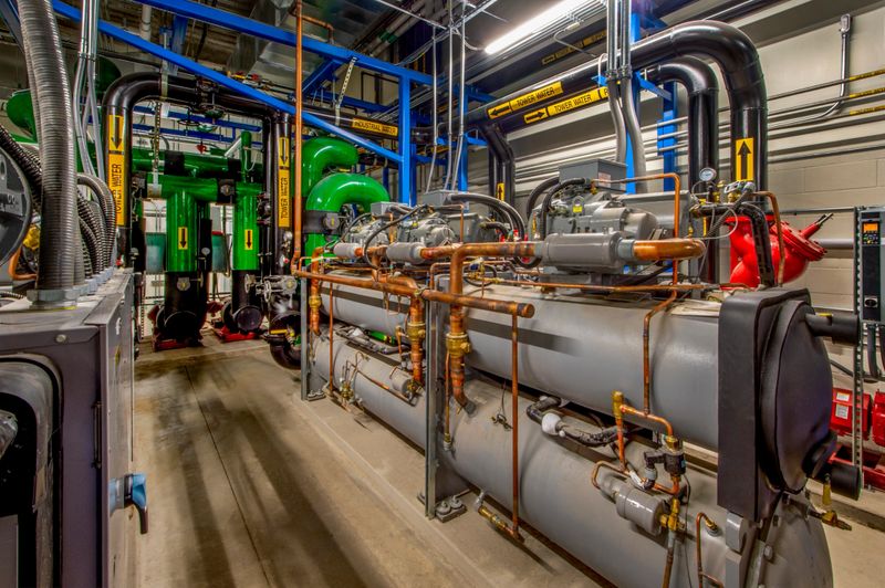 Room full of refrigeration compressors and associated controls for ice production.