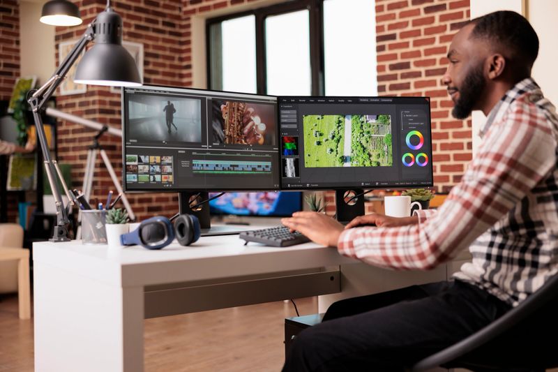 African american videographer improving video footage using editing sofware to make post production content. Using color grading and visual or audio effects to edit film montage project at home.