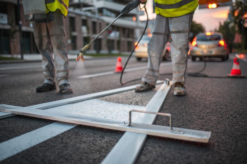 Close up on a spray gun and a pointy arrow stencil for spray painting the road. One worker using a spray gun. They are all wearing a reflective vest.