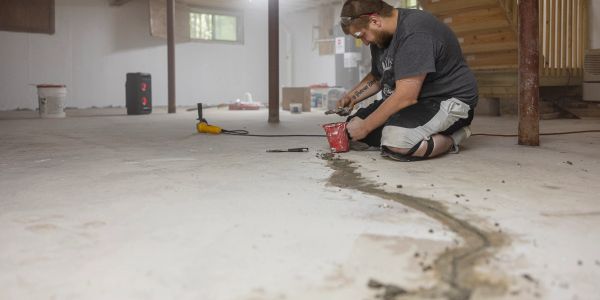 Man repairing cracks on the floor in a basement.