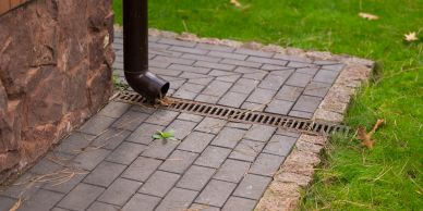 Downspout draining water onto a paved pathway with grass on the side.