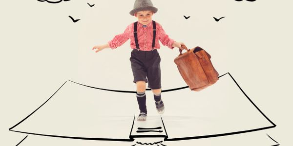 A boy walking on a drawn book with clouds and birds in the background.