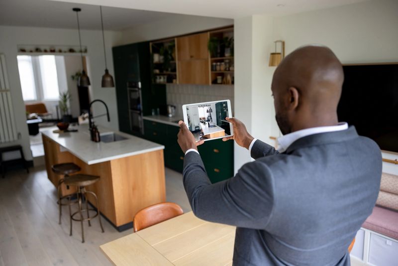 African American real estate agent taking pictures of a property with a tablet computer to list for sale