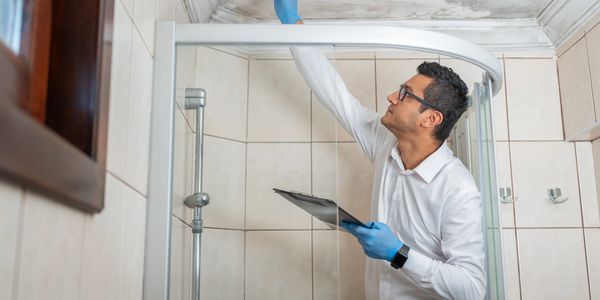 Man inspecting bathroom ceiling wearing gloves.