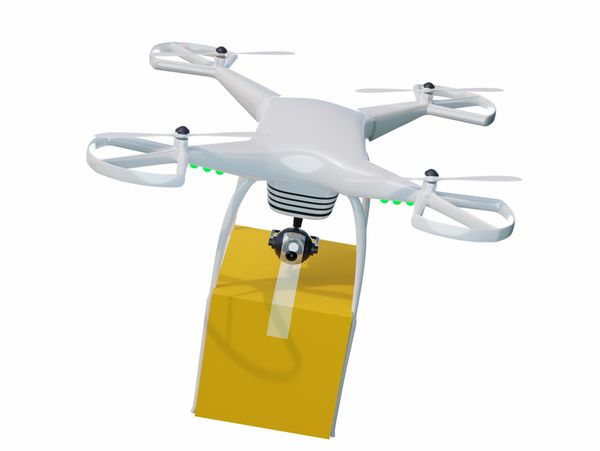 White drone carrying a yellow package with a camera attached.