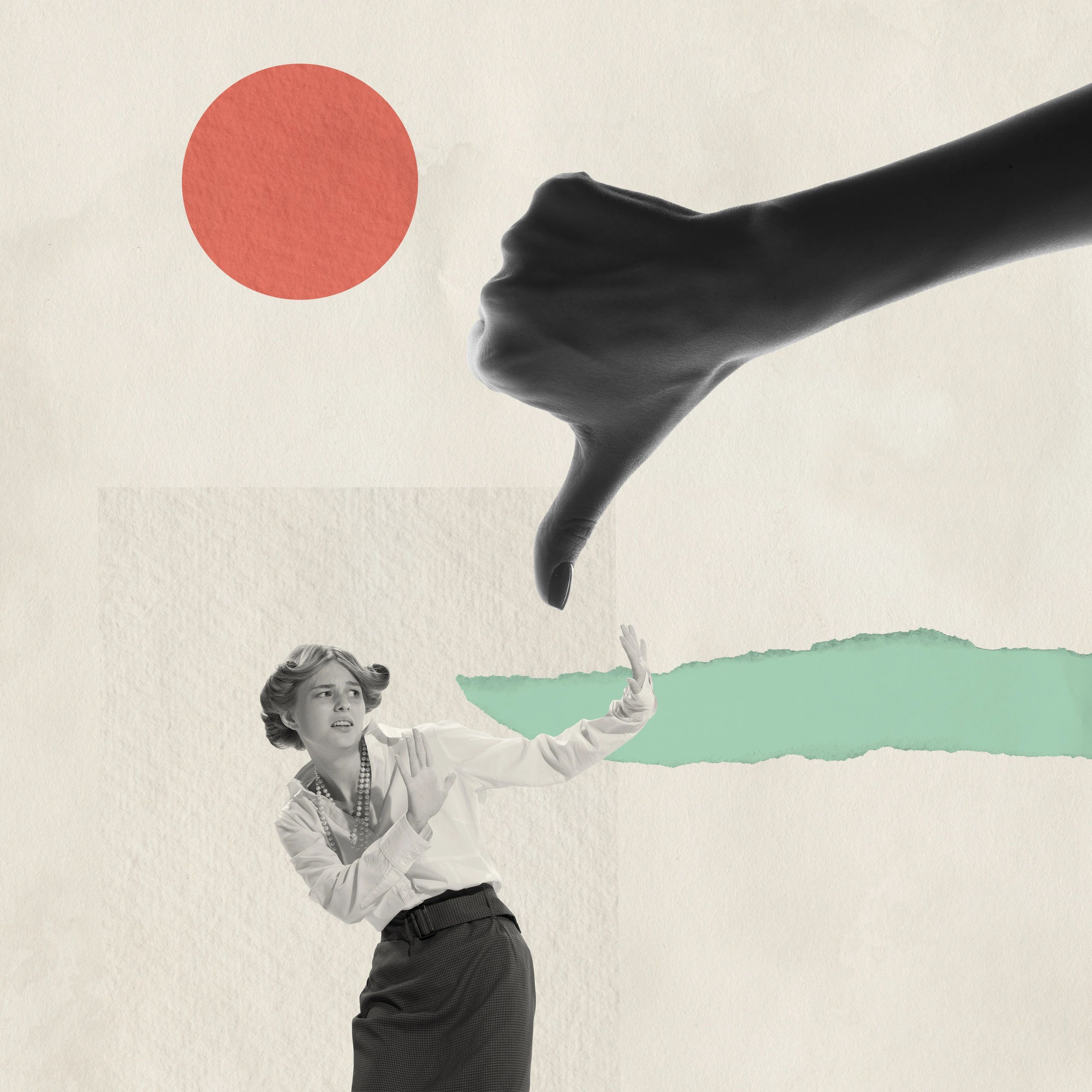 Woman recoiling from a giant thumbs-down gesture in an abstract collage.