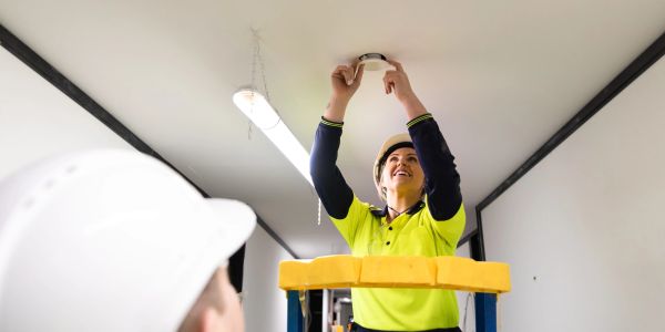 Worker installing smoke detector on ceiling.