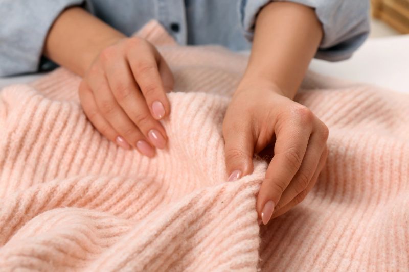 Woman touching soft pink knitted fabric, closeup