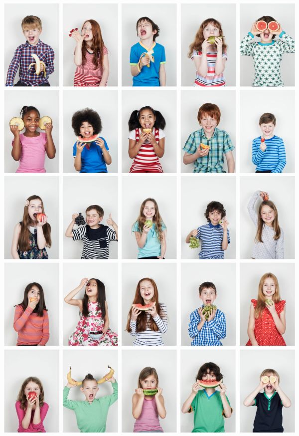 Collage of kids enjoying various fruits.