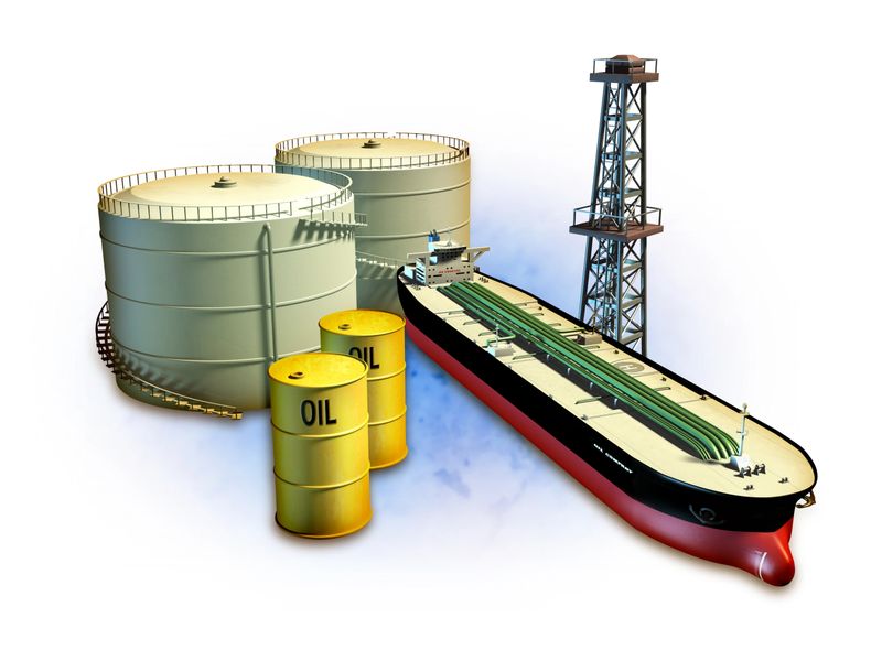 Oil themed composition showing an oil tanker, derrick, some barrels and storage tanks. Digital illustration, including a clipping path to separate objects from background.