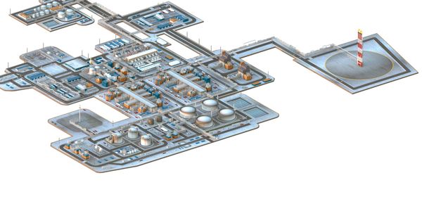Isometric view of an industrial chemical plant layout.