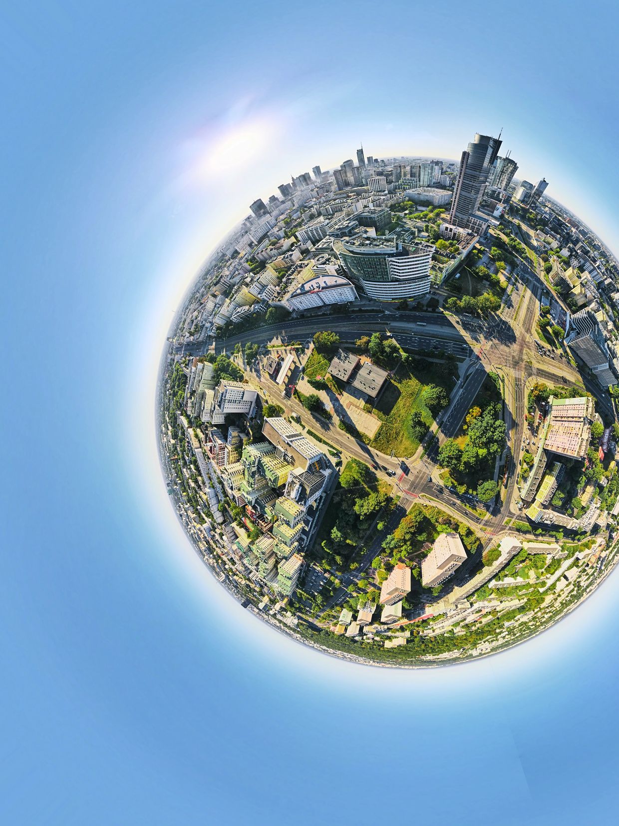 360-degree panoramic cityscape with curved horizon.