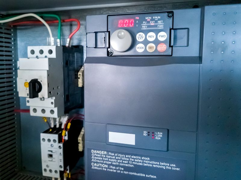 Frequency inverter, and circuit breaker in electrical cabinet of automation control system on industrial plant.