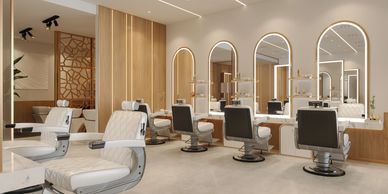 Modern hair salon with white chairs and illuminated mirrors.