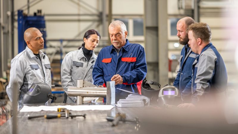 Senior worker teaching new colleagues technological operation. Multiracial group of people in welding workshop. People working in engineering industrial production.