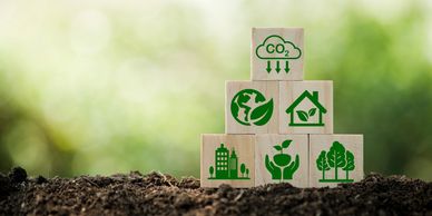 Wooden blocks with green eco-friendly symbols on soil and blurred greenery background.