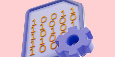 3D illustration of binary code on a device with a gear symbol on pink background.