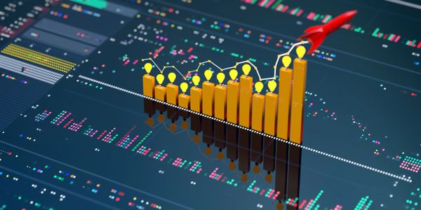 3D bar chart with rising trend and rocket symbolizing growth.