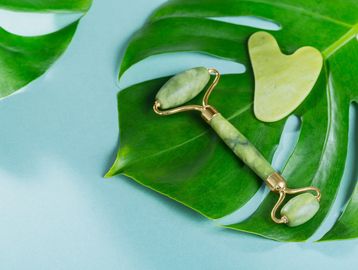 Jade roller and gua sha tool on green leaves with a blue background.
