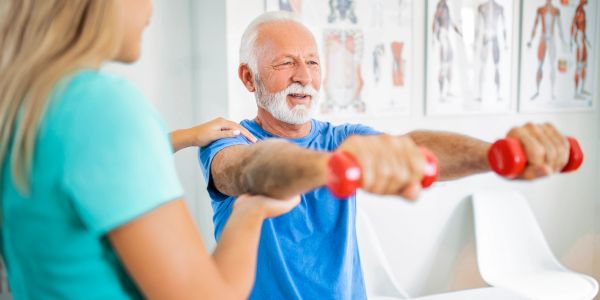 Senior man exercising with dumbbells and trainer assistance.
