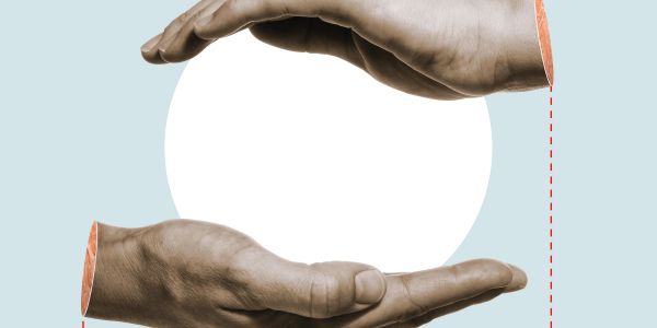 Two disembodied hands framing a white circle on a pale blue background.