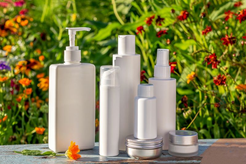 Set of cosmetic for skin care face, body on bright floral background. White blank cosmetics bottles, jar and stones. Natural Organic Spa Cosmetic Beauty Concept Mockup Front view.