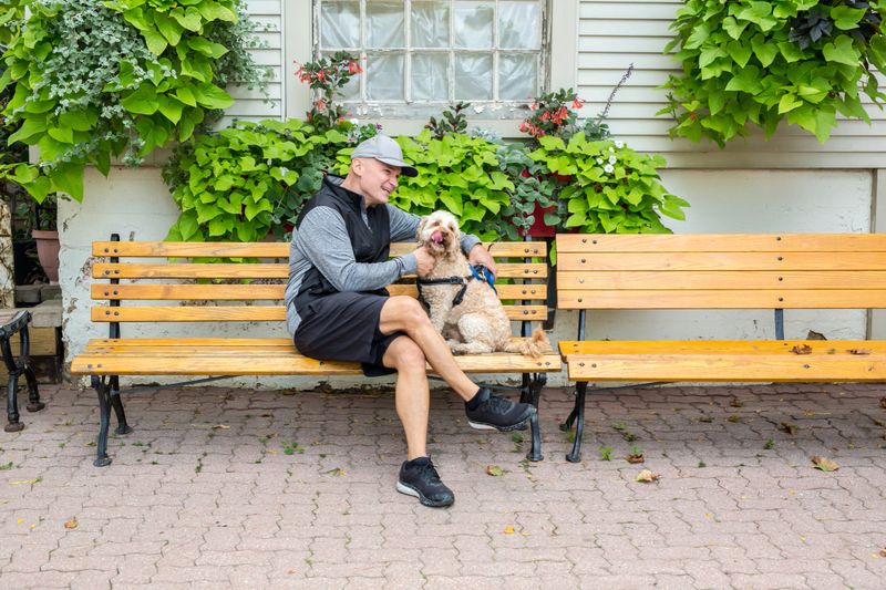 Man with his 3 year old Cockapoo on a park bench together